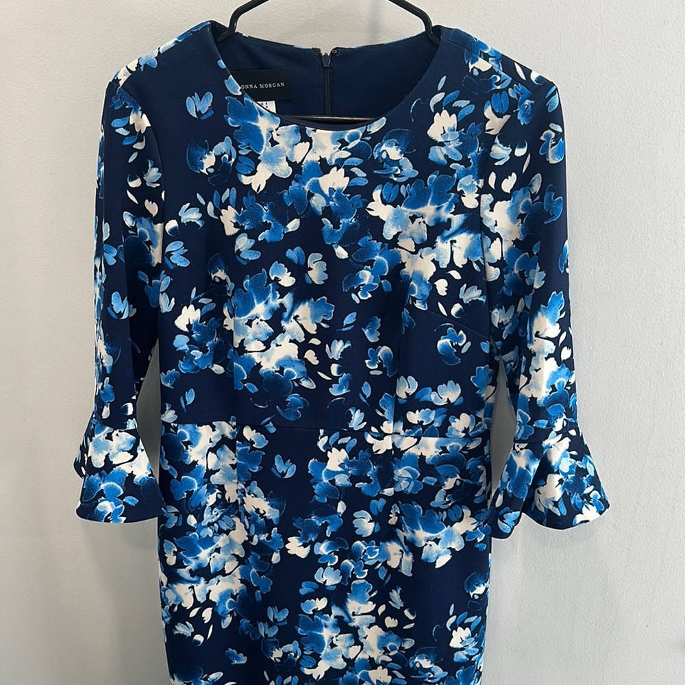 Donna Morgan blue floral dress.